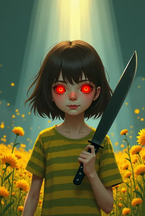  red eyes, girl, holds a knife,  yellow-green striped shirt with thicker stripes,  red eyes светятся красным,  head tilted ,  short brown hair mushroom head , With a clear smile on his face, Measure, Two-dimensional,  stands among golden flowers , above yo...