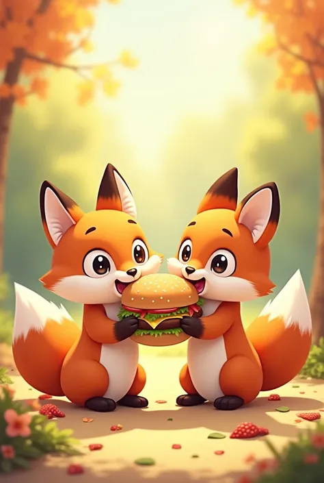 Cute animated foxes sharing a hamburger 