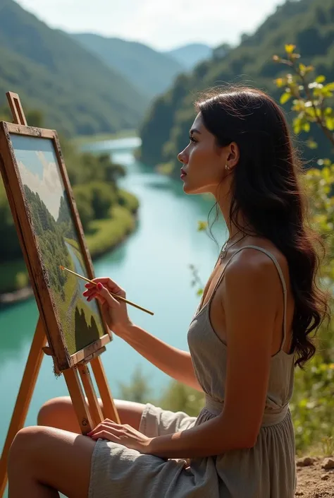 "A tall and slender woman with light brown skin, dark and long hair falling softly on her shoulders, and dark, almond-shaped eyes. She sits on the bank of a winding river in Italy, with an easel in front of her and a brush in her hand, capturing the beauty...