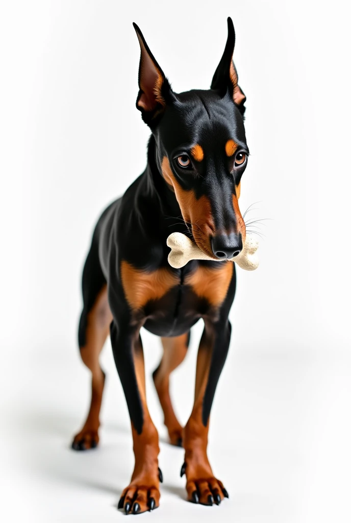 A photo shoot of a Pinscher dog moderating a bone. The background of the stage will be white. realistic