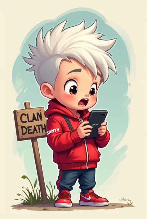 Create the image of a boy gamers in cartoon mode playing on a cell phone wearing a red jacket that says Santy with white hair with a sign that says Clan Death 