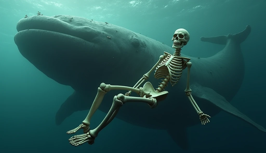 A skeleton being pushed out of a whale's digestive tract into open water.
