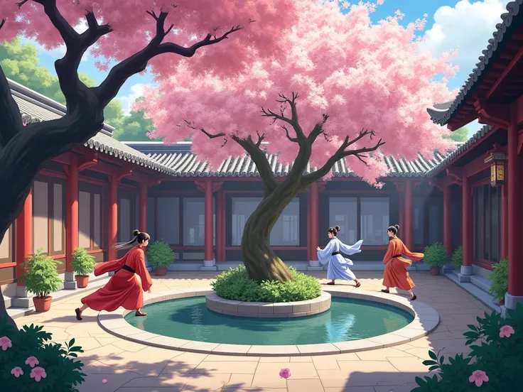 A MARTIAL WORLD VILLAGE COURTYARD SCENE, A SMALL POND, A PEACH BLOSSAM TREE ANIME STYLE