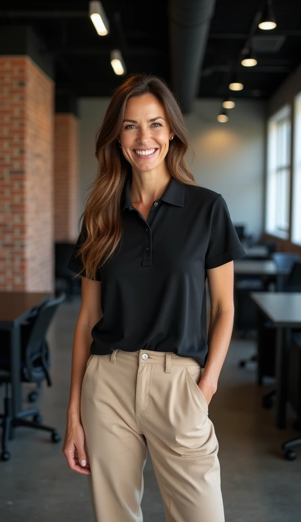 Realistic portrait of a middle-aged woman with long brown hair, smiling in an inspiring way, with a minimalist design.

The setting is a marketing company, featuring a black ceiling, some brick walls, and others with a smooth gray finish. The desks are bla...