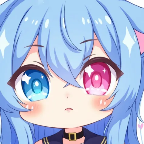 face close-up, chibi, right eye blue left eye pink, stars in the eyes, Lumine \(genshin influence\), blue long hair, blue cat ears, hair between the eyes, black choker, looking at the viewer, light skin, simple background, kawaii