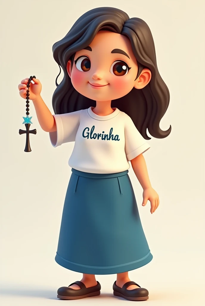 Catechist mascot with blue skirt below the knee, white shirt with the name Glorinha, Rosary in the hand 