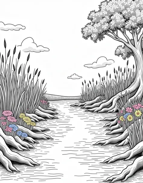 A coloring page of a peaceful riverbank lined with tall reeds, wildflowers, and tree roots reaching into the water, with no empty space. LINE ART, coloring page, big and bold, coloring page style. full page design
