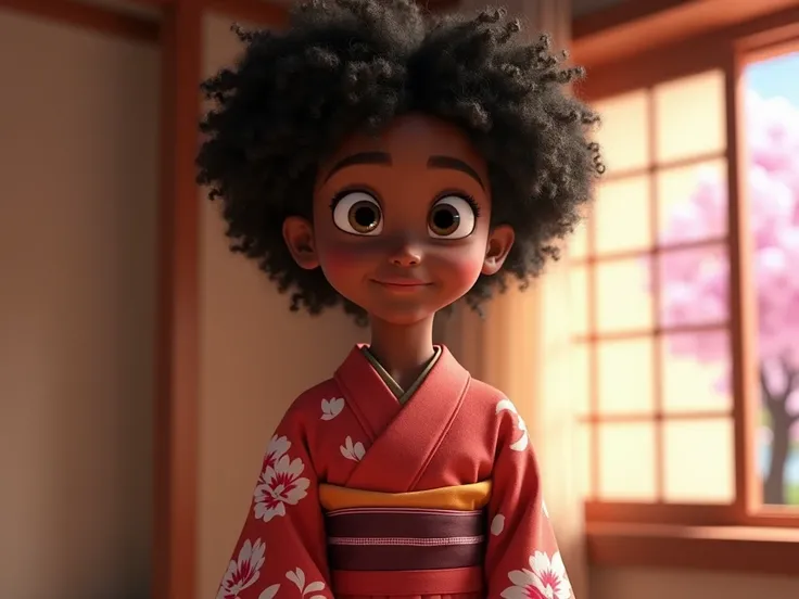 Create a Pixar cartoon character. SHE HAS BLACK SKIN, ,  curly hair ,  not very bulky , black hair. He's in a room wearing a Japanese kimono.  This shirt has the name Legend . in the room, There's a Sakura in the bedroom window