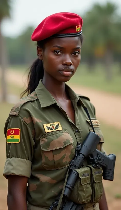 sexy female black skin, Realistic and brave sexy woman, round breasts. female wearing dessert camouflage combat uniform with patch flag malawi. red beret, hair in a ponytail, Photorealistic image full body photo of a young woman, big breasts, shirt is almo...