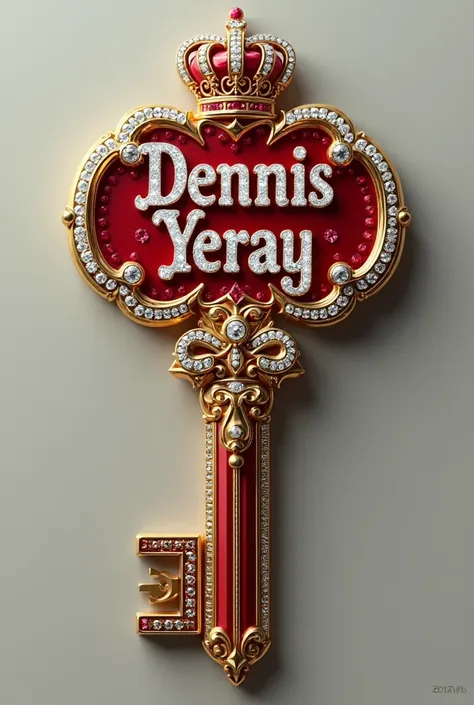  a 3D key colored in fire gold and white ,  with the metallic text name  "Dennis yeray"  written in diamonds” .  include rubies and diamonds have a crown in this name