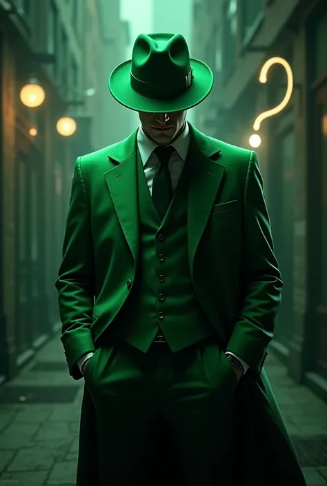 Man wearing a green suit with a question mark, like the riddler from Batman