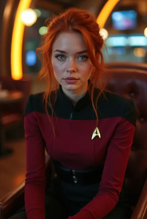 Beautiful Young Woman wear a Star Trek Uniform, sitting on chair on Enterprise cantina, Red Hair, Blue Eyes, perfect Skin, Perfect Body, Perfect Face, very small face, masterpiece, 8k. Sublime Light, rimlight 