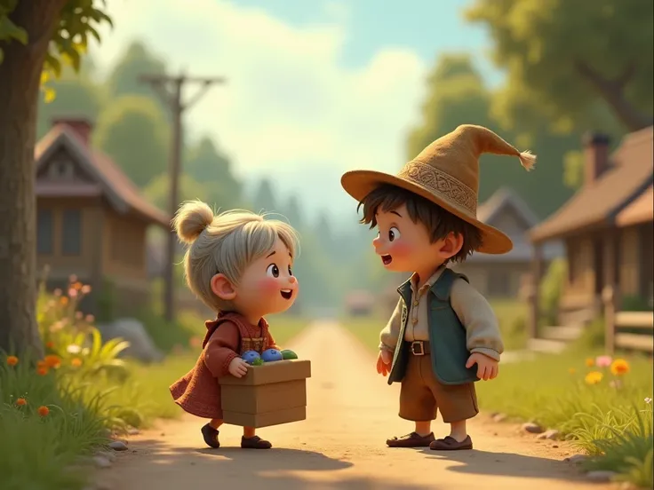  An old  walking on the road approaches a small animated  character in village clothes. bilge,  smiling and tells him that : " You see nothing inside the box,  walking on the road because it's your job to fill it .