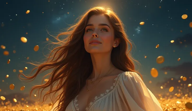 I draw a WOMAN , English appearance , long brown hair the light smile on the face,   IN A CELESTIAL NIGHT LANDSCAPE,  HEAVENLY LIGHT OVER HER  ,  surrounded by gold coins  ,  realistic image,4k!
