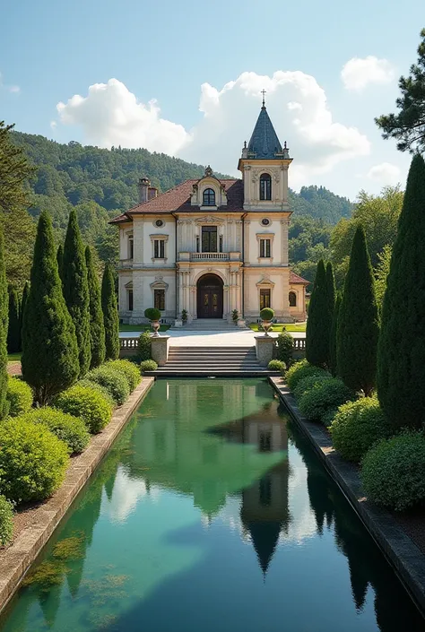  Generate a photo of an Italian-style building , worth 600000000€ ,  in the countryside with beautiful gardens and very noble gates,  with an artificial pond and security guards at gate .  The building must be extremely luxurious  