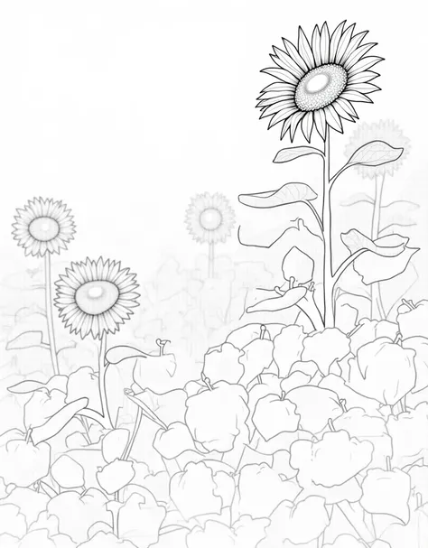 A black and white coloring page outline closeup view of a vibrant field of sunflowers with tall stalks, broad leaves, and fully bloomed petals covering the page. LINE ART, coloring page, big and bold, coloring page style. full page design
