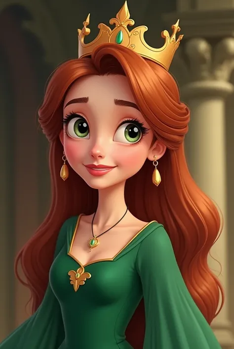 Create a Disney-style image . From a mother reigns with the following characteristics: tez blanca, big olive green eyes,  reddish brown hair , upturned and thin nose, labios pequeños y smilings,  dimples on the cheeks , slim figure wearing a luxurious emer...