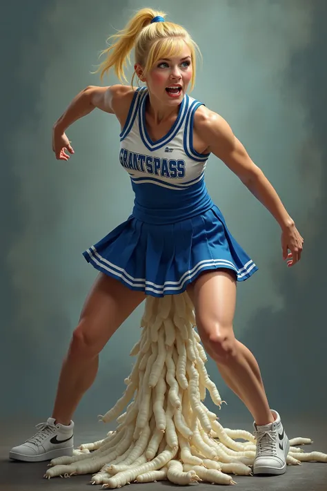 Blonde female Grants pass cheerleader in a shorts Blue skirt Directly forcingPushing pooping White maggots directly out from under skirt directly between legs