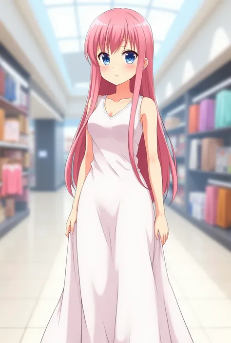 A slim woman stands at a height of 170 cm, weighing 56 kg, and is 18 years old. She has a shy expression on her face, long pink hair, and light blue eyes. She is dressed in a long white dress, and the background is set inside a shopping mall. The image is ...