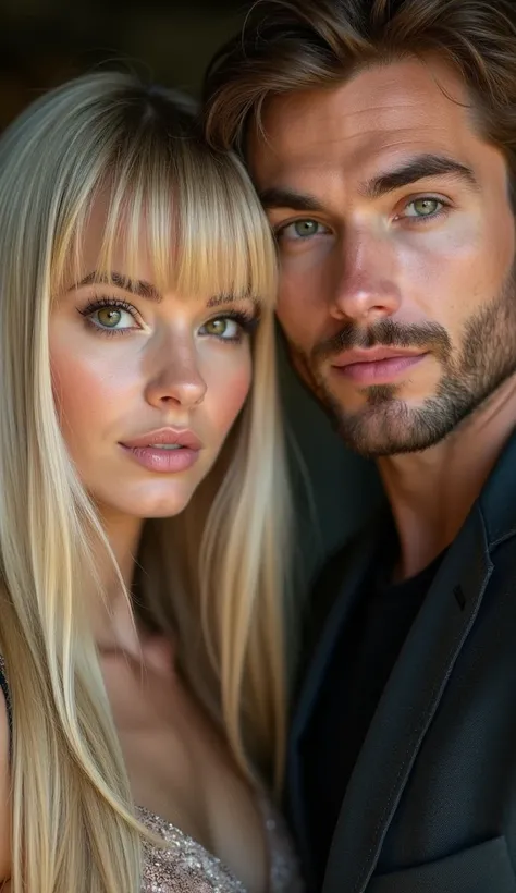  A blonde woman with bangs and long hair , straight hair and amber eyes ,  Between a strong white man with brown hair and green eyes and the other man,  a blond man with women's clothing and amber eyes 