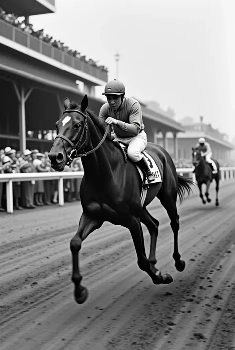 A racetrack scene from the 1920s with a horse crossing the finish line first, carrying a jockey slumped forward in the saddle. The crowd in the background is cheering, oblivious to the jockey's condition.