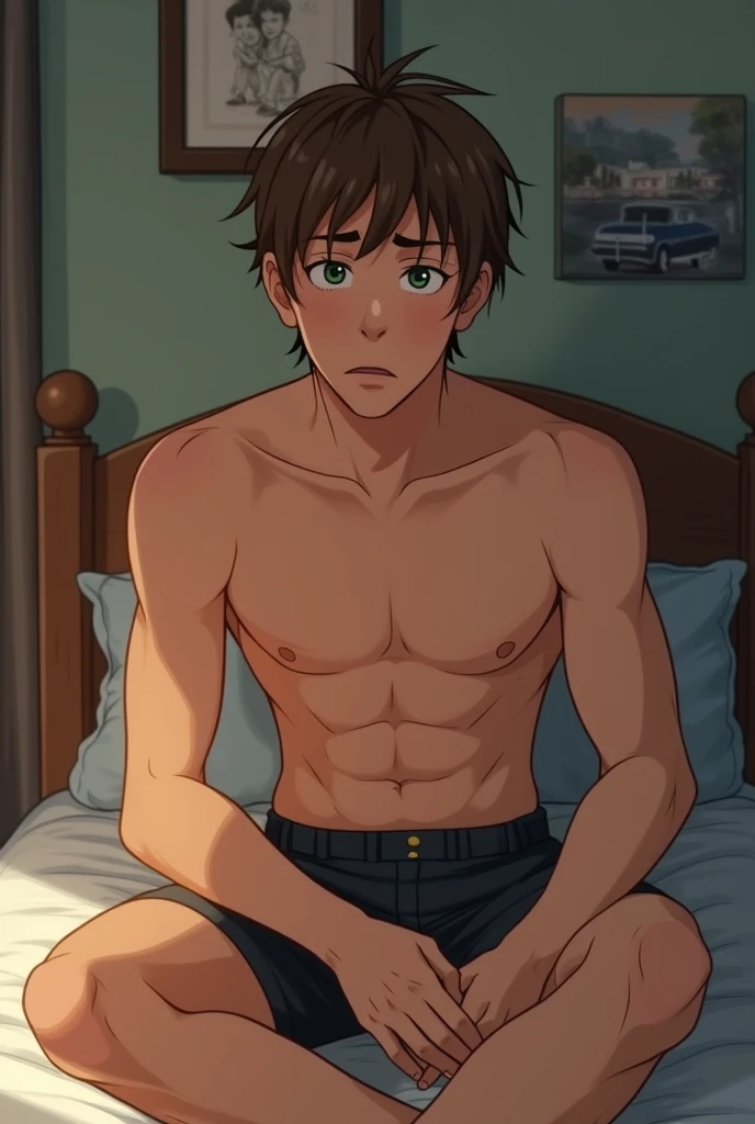  Create an image of a man sitting on the college dorm bed and leaning against the headboard without a shirt, He has an embarrassed and amazed expression . He has straight brown hair and green eyes . Your hands are touching your own body.