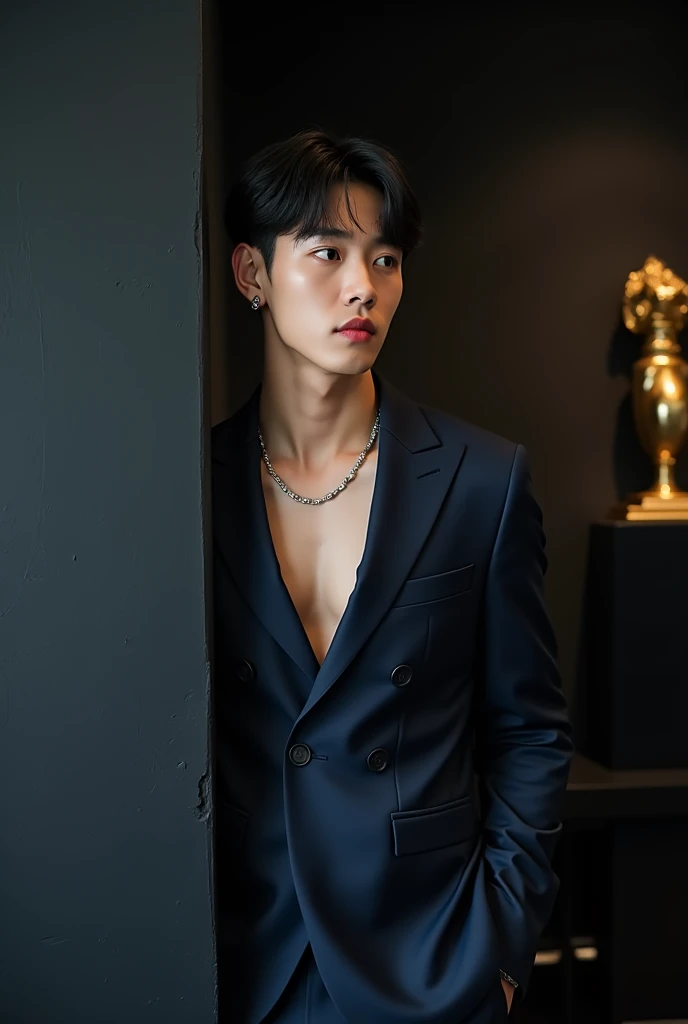 26 year old athletic young Korean man, Korean perm haircut, black hair color, dark eyes, thin nose, full reddish lips, shiny textured skin, wearing a piercing in the mouth, a piercing in the eyebrow, wearing a dark blue suit with the open between the eyes ...