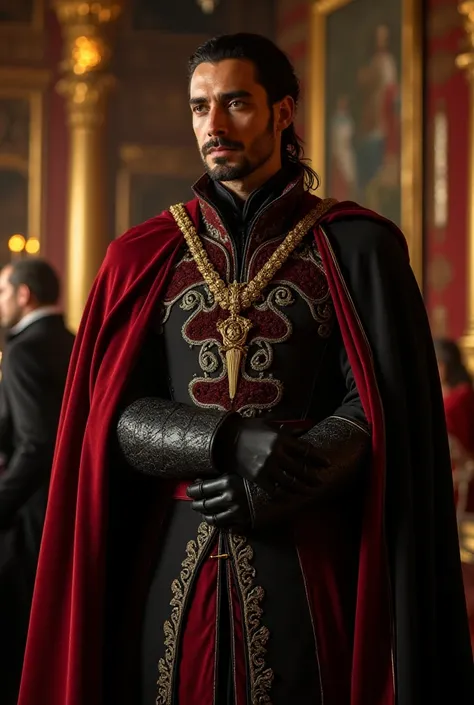 Noble Game of Thrones style robes for a ball, In the color dark red and black, with gold and silver details with the wearer wearing leather gloves and black hair, male, with goatee