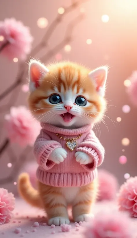 A cute, small kitten with orange and white fur, standing on its hind legs. The kitten is wearing a soft pink sweater with a sparkling necklace on it. It has large, expressive blue eyes and a joyful, smiling expression. The background features soft pink flo...