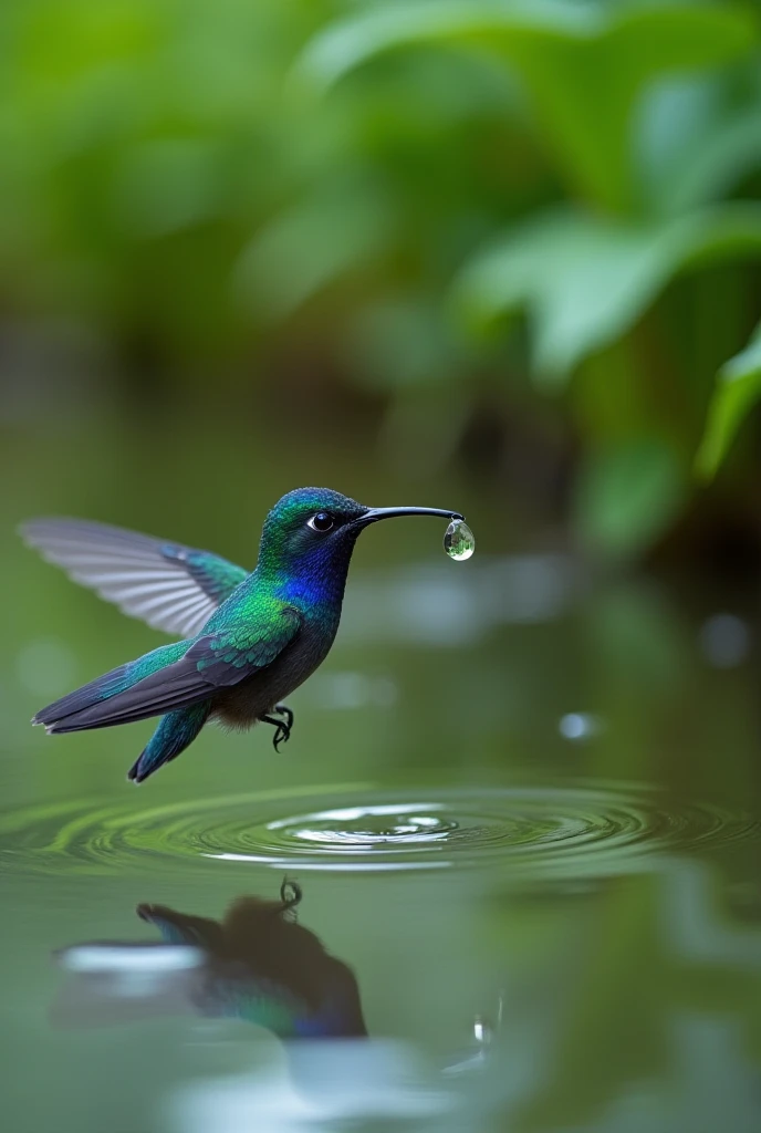 "A small, vibrant-colored hummingbird with bright blue and green feathers, hovering above a calm lake. The bird is delicately picking up a single drop of water in its tiny beak, surrounded by lush green vegetation."