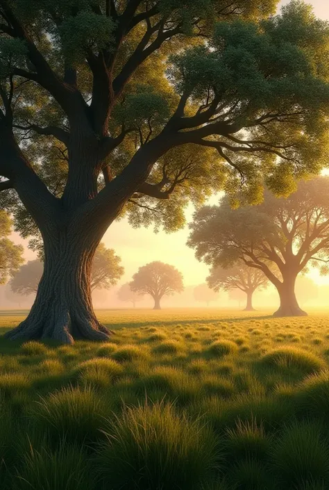 Field with lots of oaks at dusk 