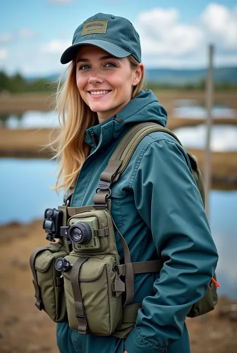 Image with a female field biologist at an aquaculture fish farm in geomembrane ponds, The image must have a text that says the words: " January 25 Biologist's Day  " Congratulations"  in Spanish 