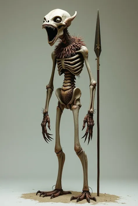  a grotesque and threatening humanoid creature ,  with an extremely thin body ,  elongated and disproportionate ,  and a small head relative to the rest of the body .  One of your arms transforms into a long sharp spear that is a natural part of your anato...