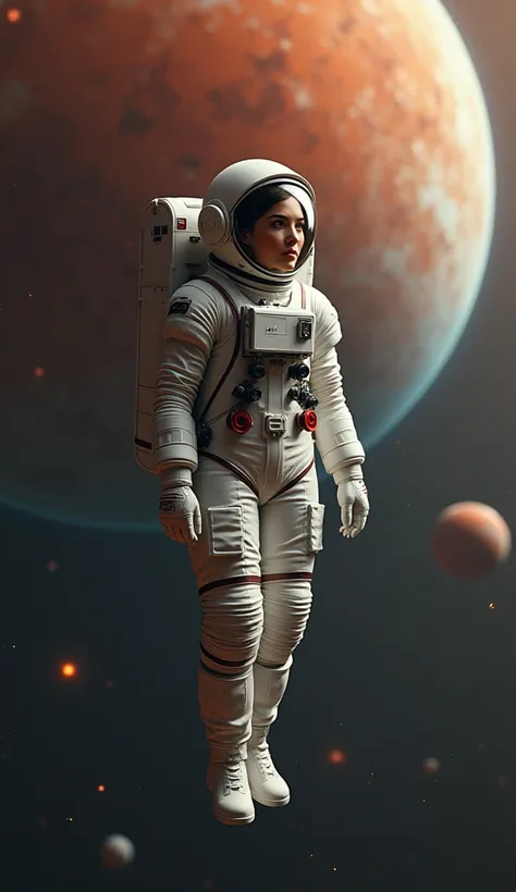 Female astronaut floats in space, Through the visor you can see her pretty face, Mars and Jupiter background