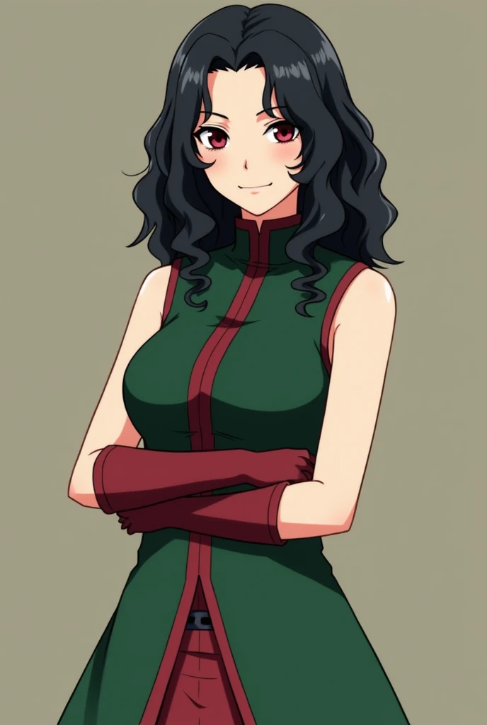 What would a female Naruto character look like with dark curly hair and dark brown eyes and pale skin in a green and red dress, wherever with a long collar and no sleeves but she wears gloves do it to me like Naruto animation