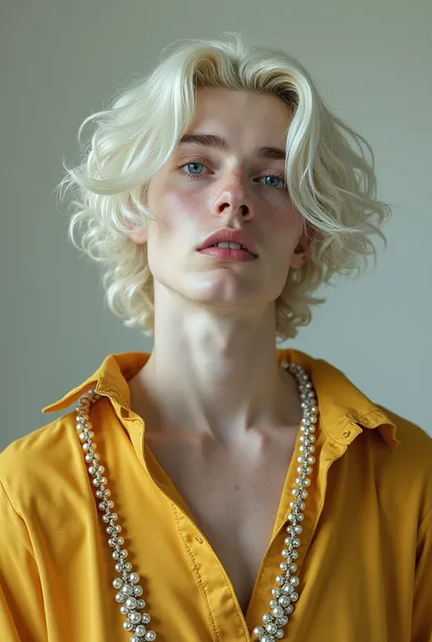  Young man , shoulder-length curly white hair,  white skin,  a purple eye and a green eye ,  dressed in a gold tunic with chain and pearl details at the waist