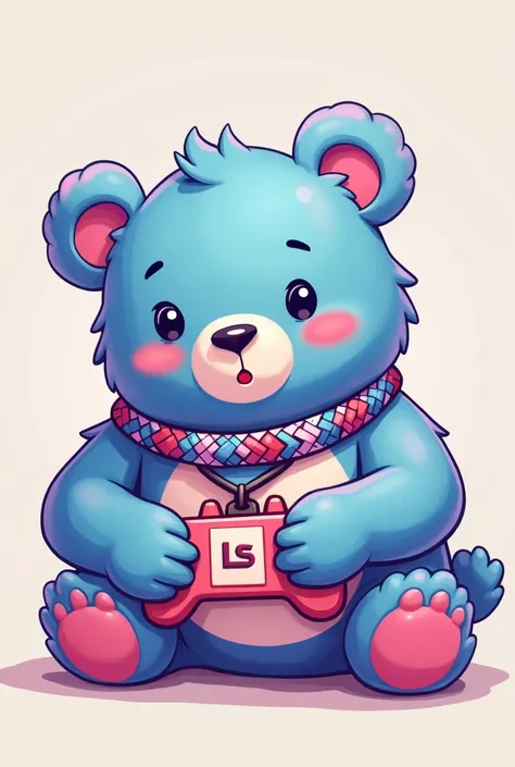 A little gamer bear in the colors blue , pink and lilac using a ping chain style lanyard with letters LS 