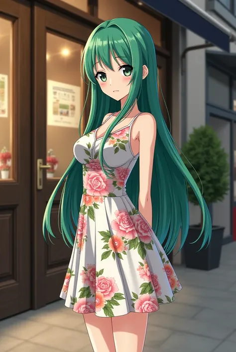 A slim woman stands at a height of 160 cm, weighing 48 kg, with a bust measurement of 22 cm. She is 18 years old and has a cold expression on her face. Her long green hair flows gracefully, and her eyes are deep black. She is wearing a floral-patterned dre...