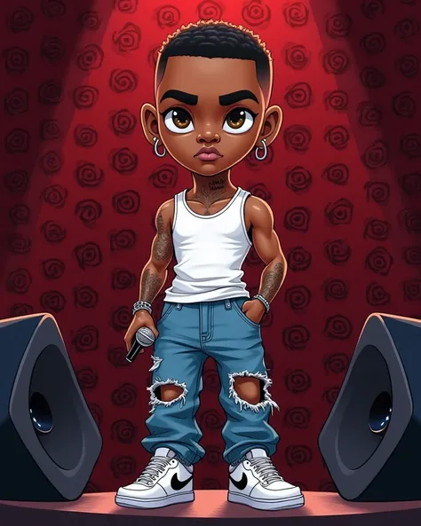 “A highly detailed 2D illustration in the chibi style of Robert De Jesus, featuring a man standing on a platform stage. He is wearing a white tank top, baggy blue jeans with ripped knees, and white Nike Air sneakers. One hand is casually in his pocket, whi...