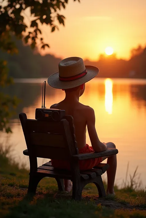 So I need a picture of a boy sitting on a wooden reptile chair in the shackles of a Hawaiian kosel and a hat with a beer radio on the shore of a lake under the trees at sunset and I need to see him from behind