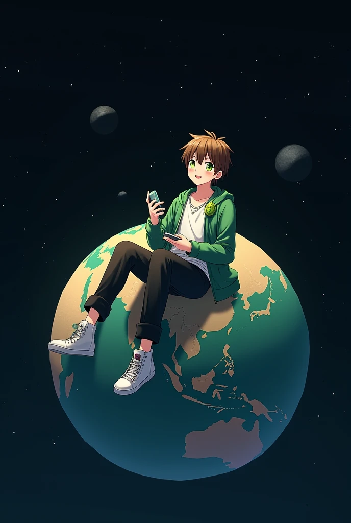 Male brunette in anime style with green eyes wearing green sweatshirt and white tank top, black pants and white shoes and with green headphones on his neck sitting on a globe in space playing games 