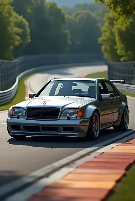 Generate a photorealistic image of a 1998 C43 AMG four door in a track