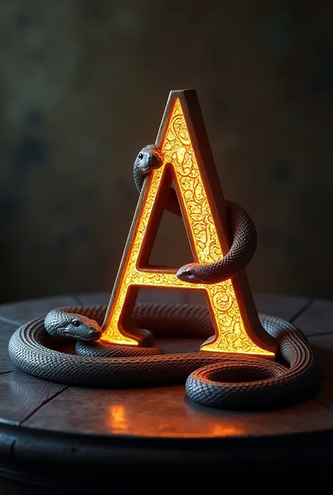 The image contains an ornate wooden letter A ,  illuminated by beautiful lights ,  placed on a dark wooden table surrounded by a snake. 