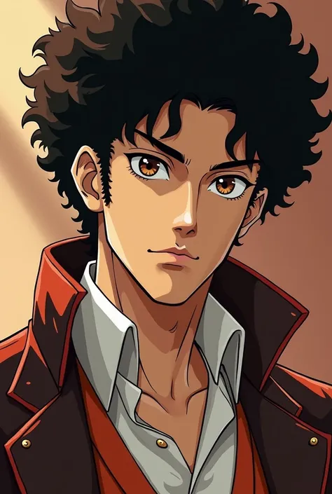 Create a man with Lupin lll style clothing who has white skin and has Afro hair but that the character has beautiful brown eyes above his lips, style in addition to the character looking nice but not handsome, in addition to being 90's style and that his a...