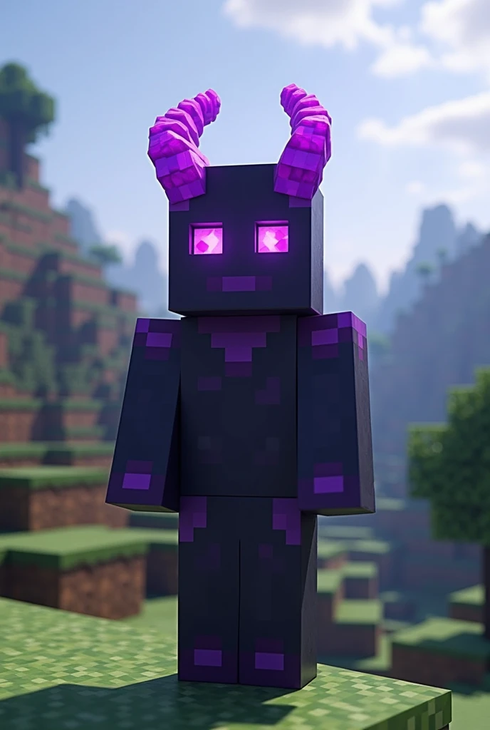 a minecraft character with purple horns with purple eyes