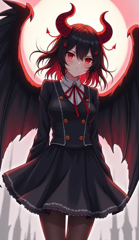 anime - style image of a woman with wings and a devil's head, an anime drawing by Jin Homura, trending on pixiv, serial art, black wings instead of arms, anime best girl, anime visual of a cute girl, anime moe artstyle, angel with black wings, demon anime ...