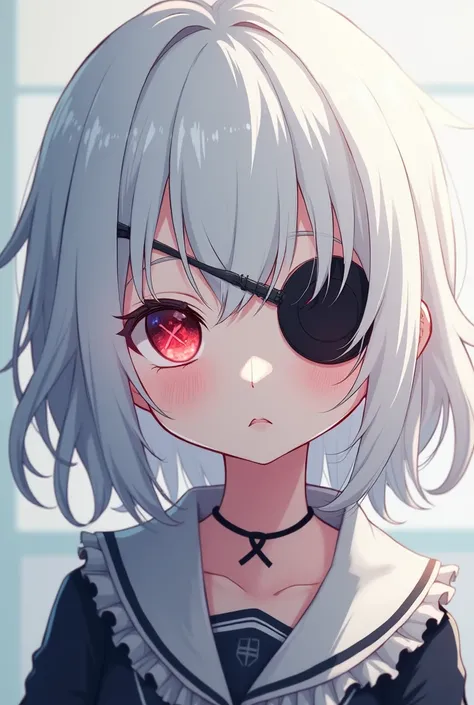 Anime style, girl, white hair, dark pupil with an red X on the middle, cute, eyepatch