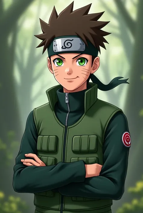 A Shinobi from Konohagakure. Short, spiky, brown hair, shaved on the sides. Konoha headband. Green sweater under the Konoha green vest. Green eyes. Smiling friendly. 