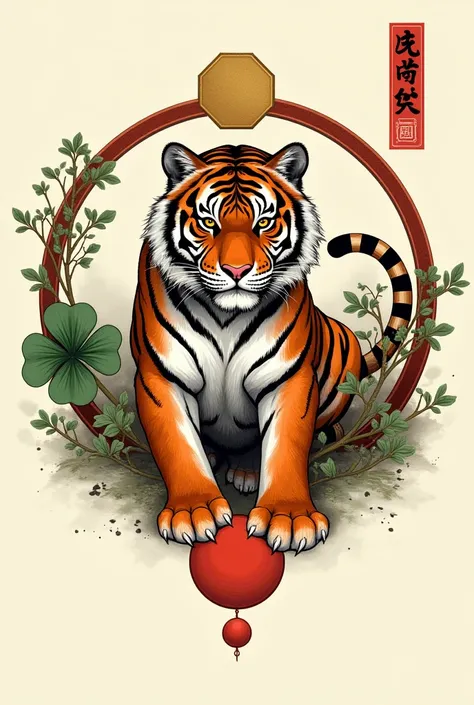 a tiger inside a circle, with kanji in the top right corner, a clover, a gold octagon, and a red circle