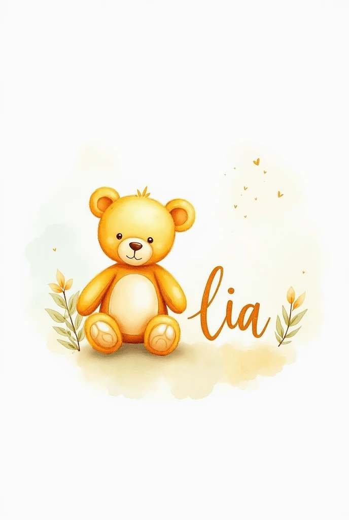 Fais moi un logo avec le prénom Lia et un nounours en aquarelle dans les tons jaunes et blancs